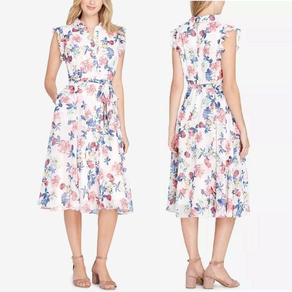 TAHARI ASL Belted Floral-Print Shirt Dress - Picture 1 of 5